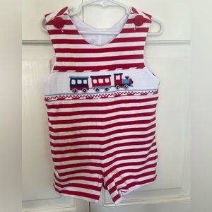 Knit smocked train shortall/John John, size 2T